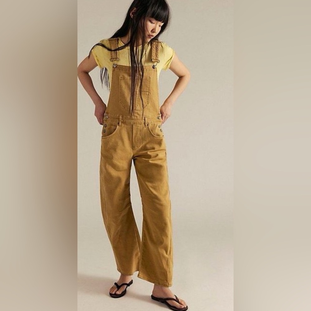 Free People We The Free Good Luck Barrel Overalls - Honey Tan Sz XL